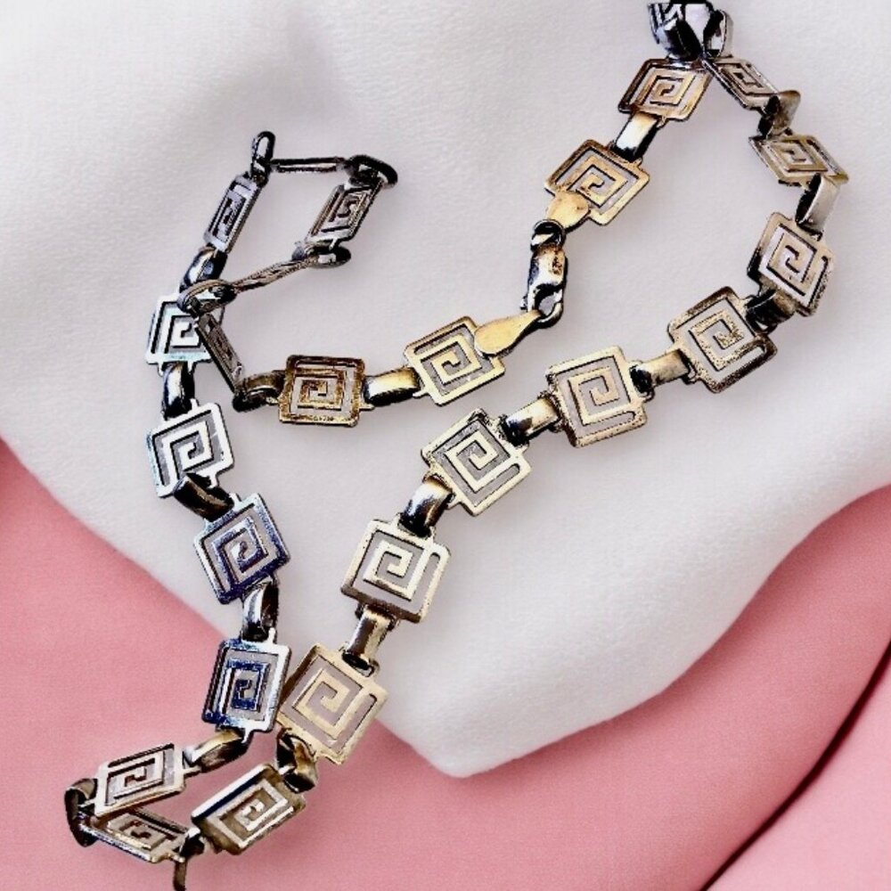 Vintage Sterling Silver Modernist Chain Necklace Greek Key Links 16"